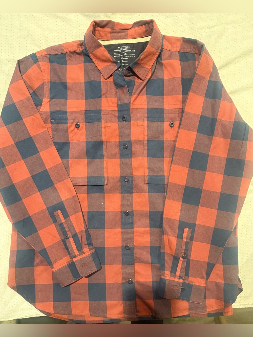 REI Orange and Navy Plaid Button-Down Shirt